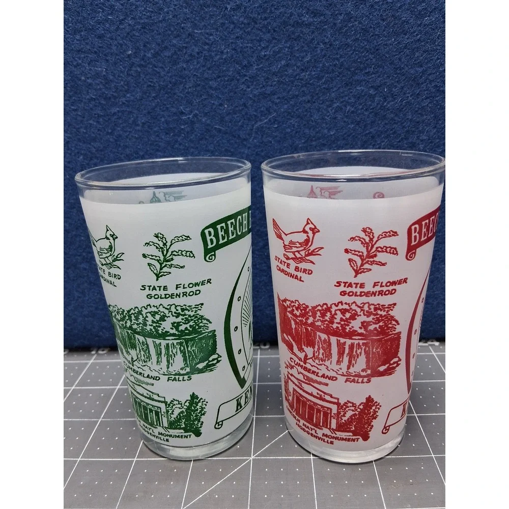 Beech Bend Park Kentucky Souvenir Frosted Glasses Red Green Set of 2
